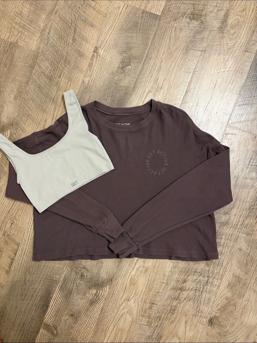 SET Active Bundle Women's Ribbed Long Sleeve Top & Crop Bra - Brown & Cream